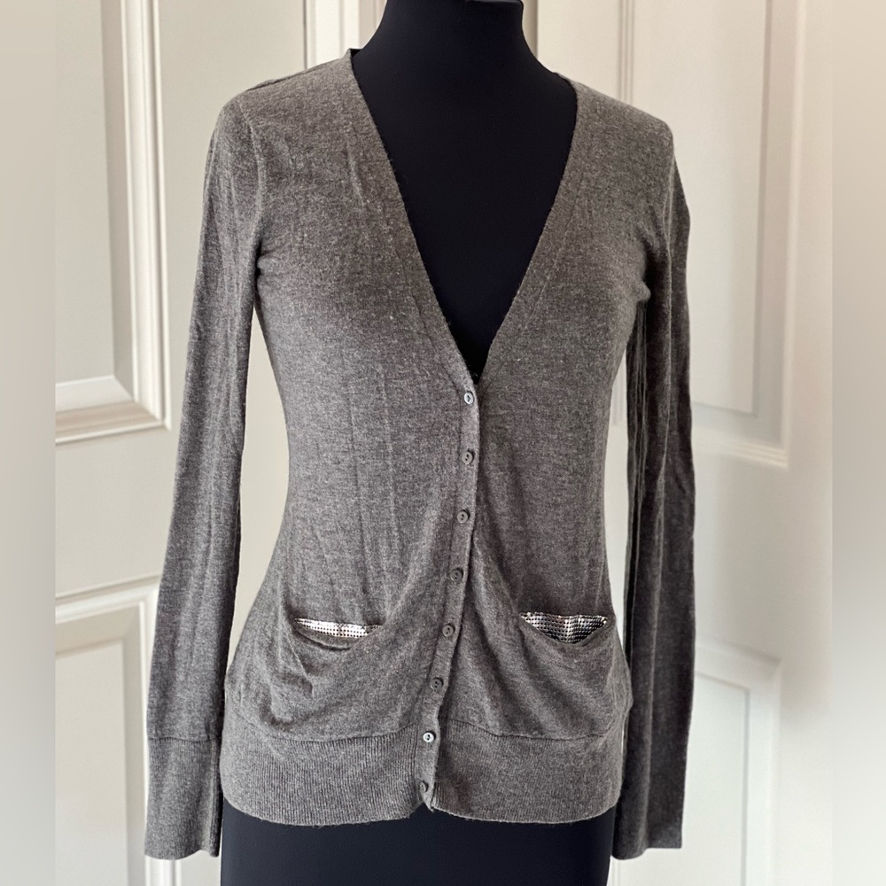 Smitten Gray Button Front Cardigan Sweater Wool Blend with Sequin Pockets